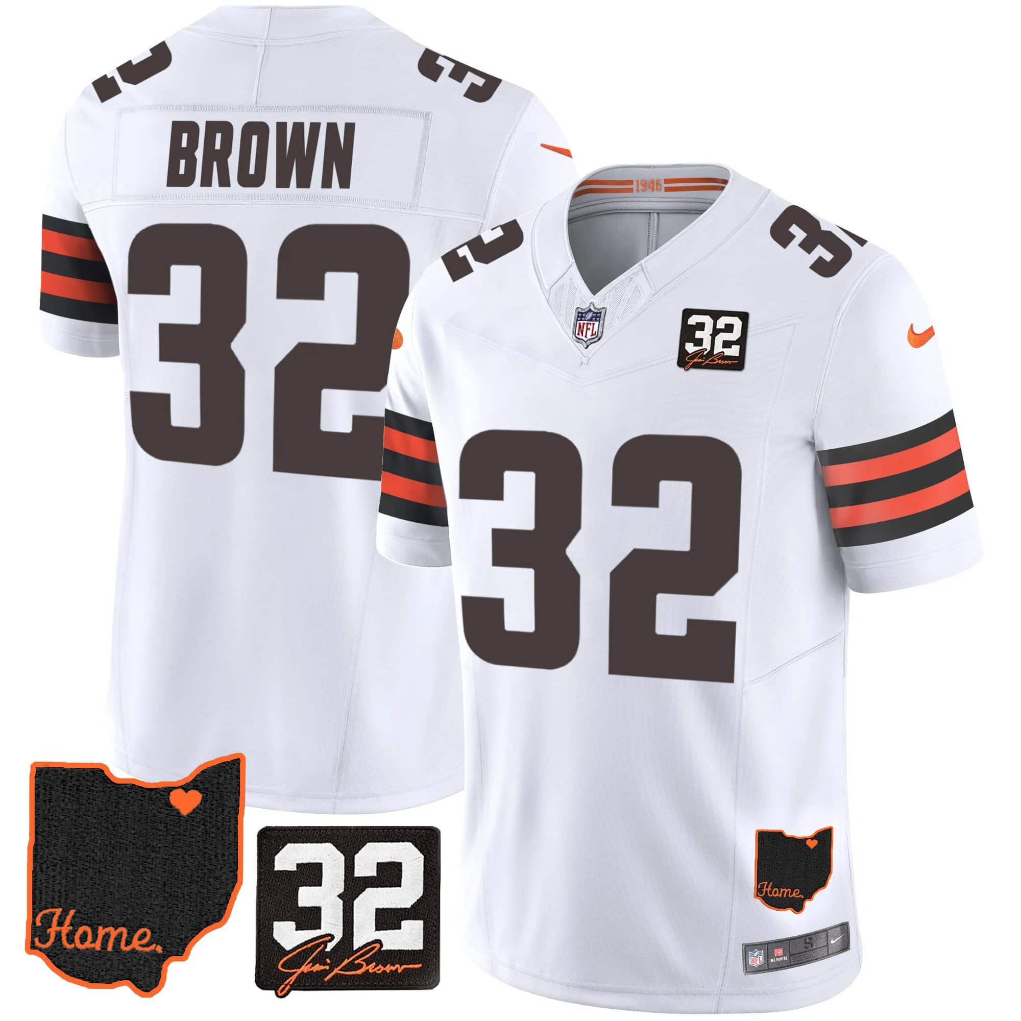 Men Cleveland Browns 32 Brown White Memorial Home Patch 2024 Nike NFL Jersey